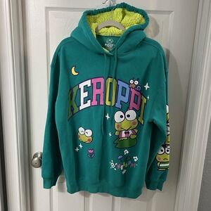 Sanrio Keroppi Hoodie Sherpa Lined Teal Graphic Pullover Sweatshirt  Sz L